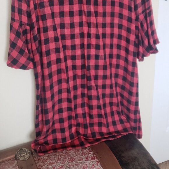 Cloth & Stone/Anthropologie red and black plaid dress, tie front, bell sleeves - Picture 5 of 5